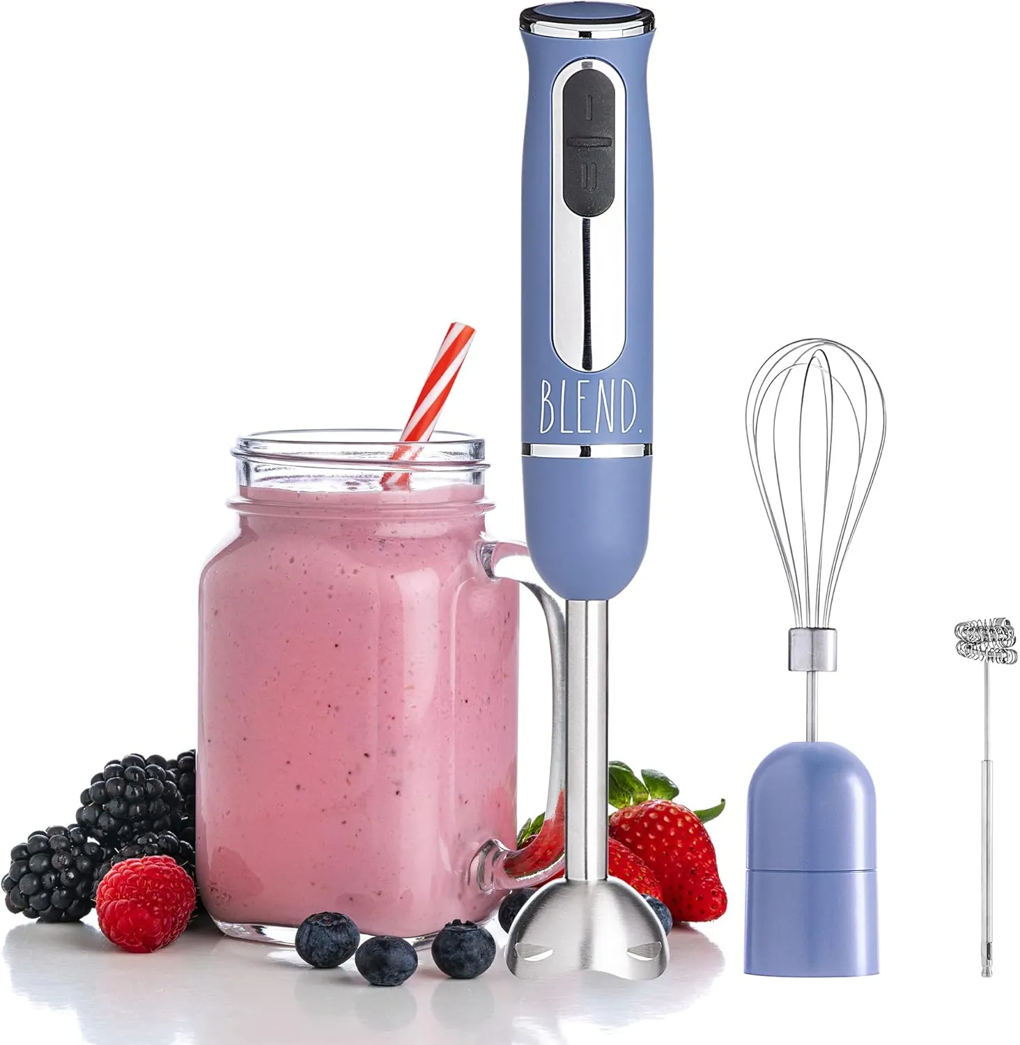 Rae Dunn Immersion Hand Blender- Handheld Immersion Blender with Egg Whisk and Milk Frother, 2 Speed Blender, 500 Watts, Stainless Steel Blade, Navy, With Attachments