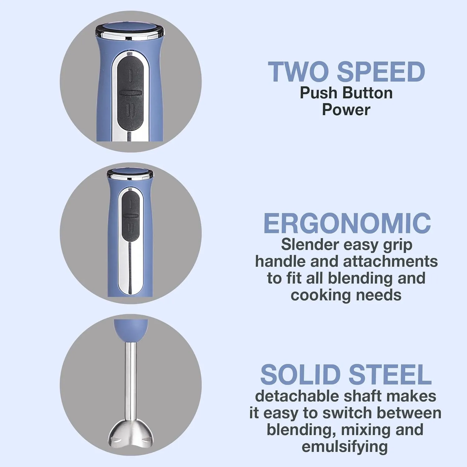 Rae Dunn Immersion Hand Blender- Handheld Immersion Blender with Egg Whisk and Milk Frother, 2 Speed Blender, 500 Watts, Stainless Steel Blade, Navy, With Attachments