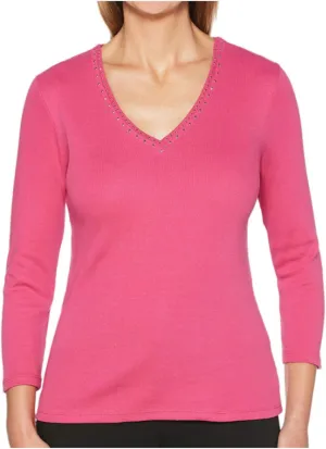 Rafaella Embellished V-Neck 3/4 Sleeve Top