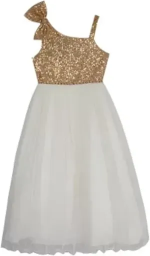Rare Editions Sequin Bow Embellished Glitter Mesh Dress Champagne 14