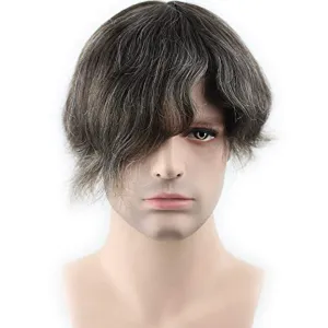 Real Human Hair French Lace with PU Thin Skin Stock Men's Toupee Hair Pieces #5 Mix 10% Grey Hair Color