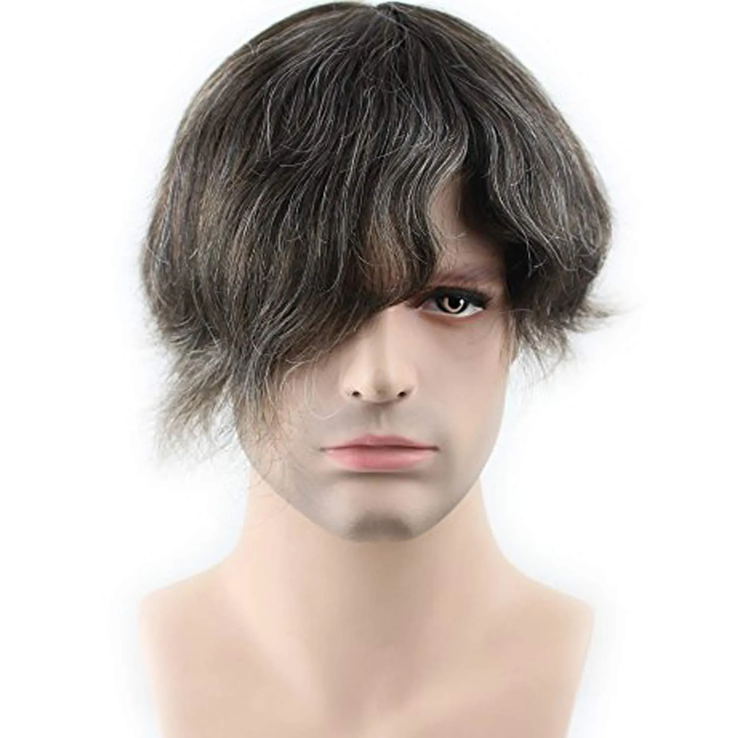 Real Human Hair French Lace with PU Thin Skin Stock Men's Toupee Hair Pieces #5 Mix 10% Grey Hair Color