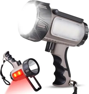 Rechargeable Spotlight Flashlight, Super Bright LED Handheld Spotlight, IP67 Waterproof Long Running Spot Light searchlight for Outdoor Boating Hunting Emergency, 6 Light Modes, Foldable Stand