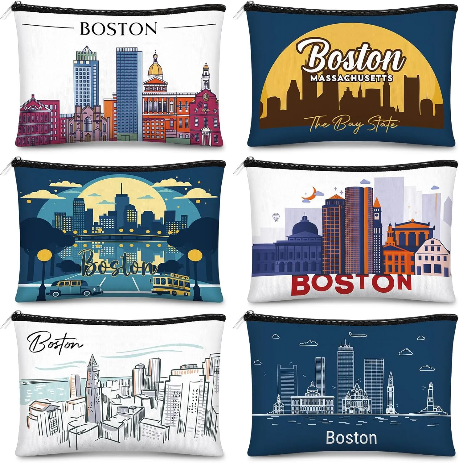 Reginary 6 Pcs City Cosmetic Bag Souvenir Gifts New York Zipper Pouch Chicago Souvenir Seattle Boston Nashville London Paris Italy Gifts Memento for Women Traveler(Boston)