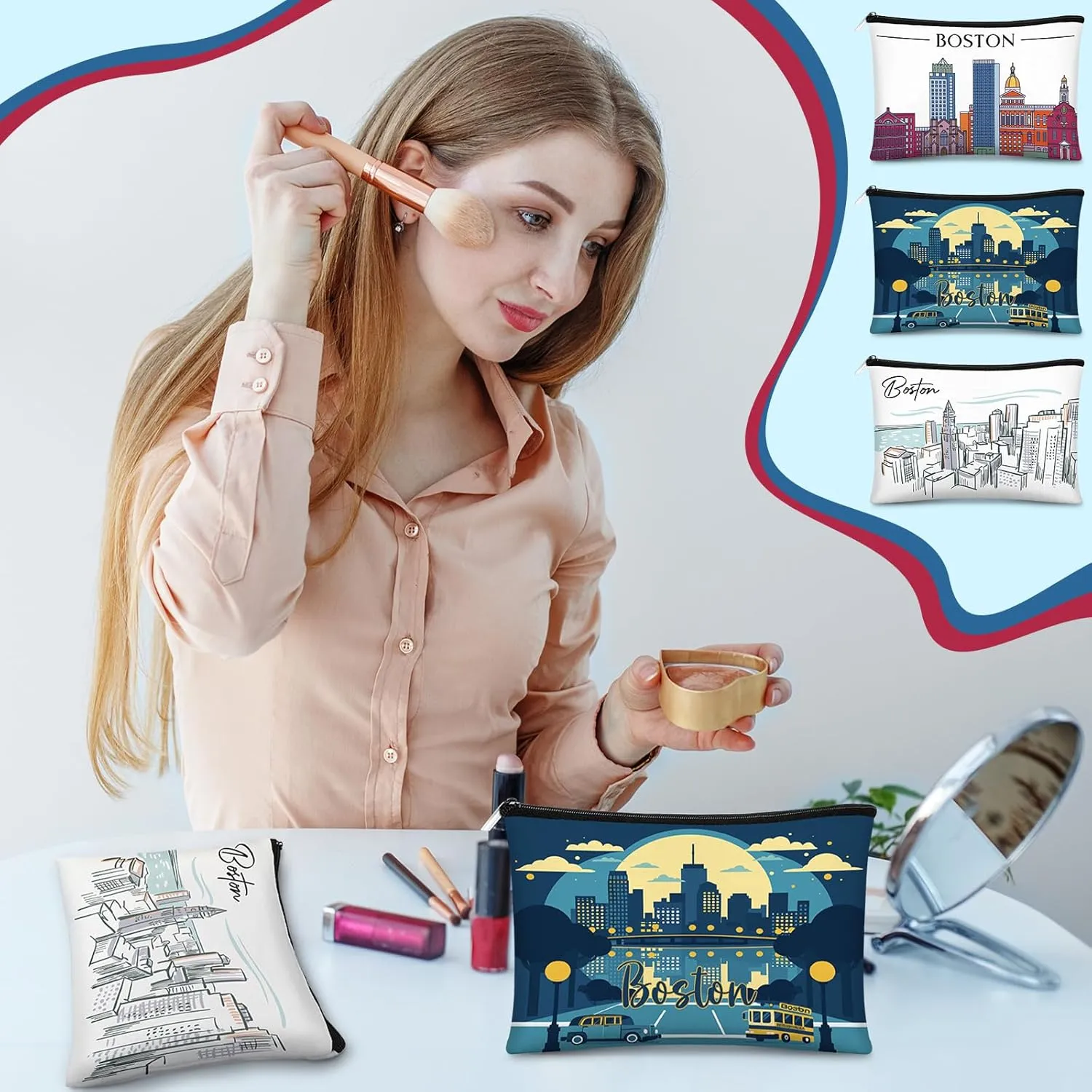 Reginary 6 Pcs City Cosmetic Bag Souvenir Gifts New York Zipper Pouch Chicago Souvenir Seattle Boston Nashville London Paris Italy Gifts Memento for Women Traveler(Boston)