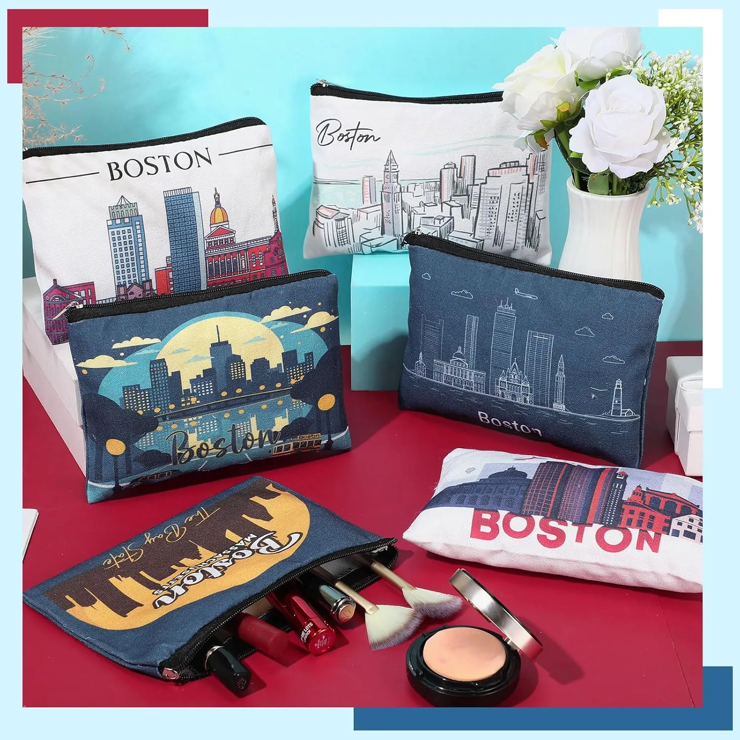 Reginary 6 Pcs City Cosmetic Bag Souvenir Gifts New York Zipper Pouch Chicago Souvenir Seattle Boston Nashville London Paris Italy Gifts Memento for Women Traveler(Boston)