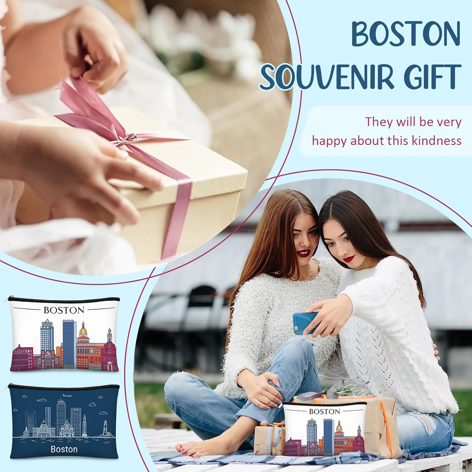 Reginary 6 Pcs City Cosmetic Bag Souvenir Gifts New York Zipper Pouch Chicago Souvenir Seattle Boston Nashville London Paris Italy Gifts Memento for Women Traveler(Boston)