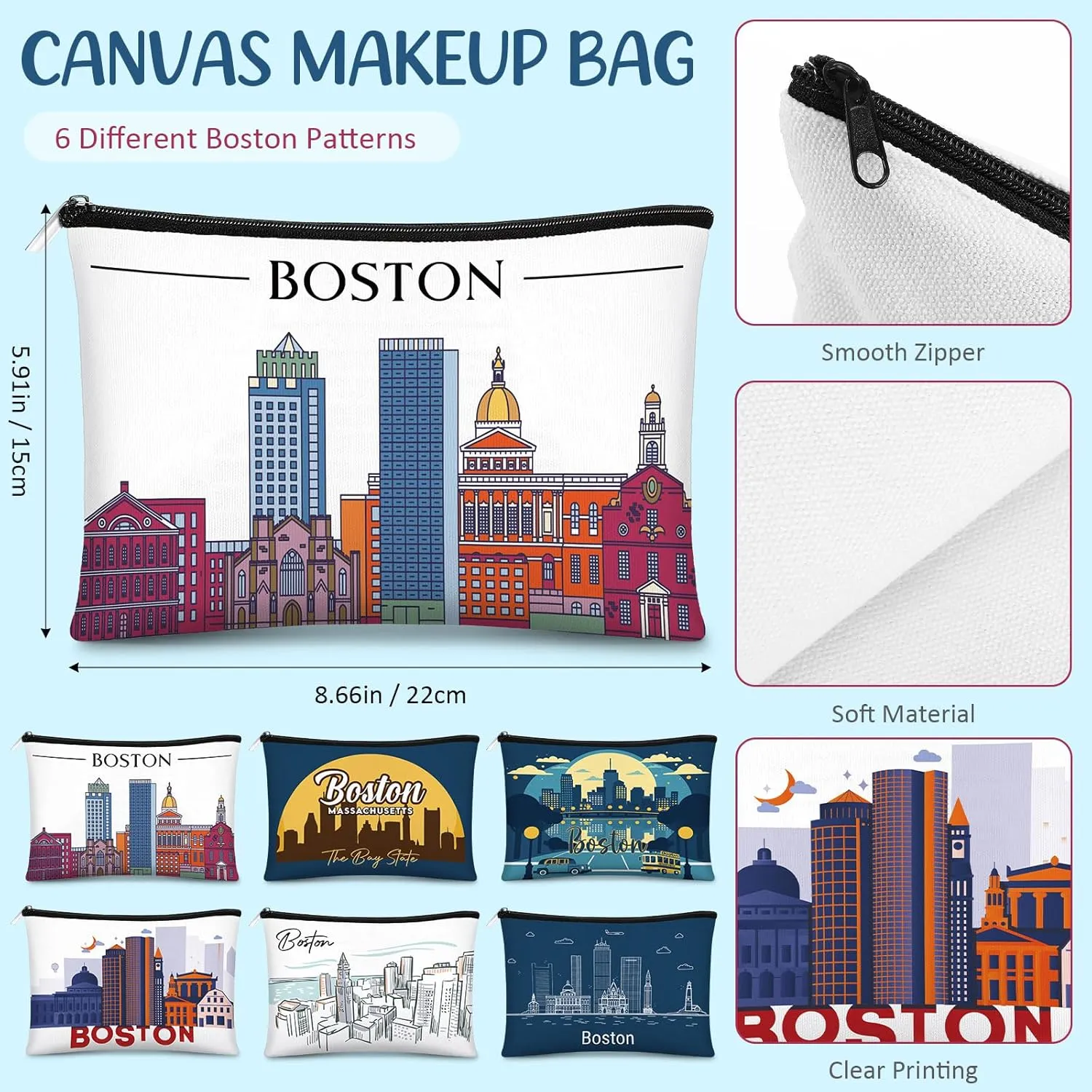 Reginary 6 Pcs City Cosmetic Bag Souvenir Gifts New York Zipper Pouch Chicago Souvenir Seattle Boston Nashville London Paris Italy Gifts Memento for Women Traveler(Boston)
