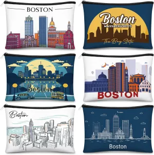 Reginary 6 Pcs City Cosmetic Bag Souvenir Gifts New York Zipper Pouch Chicago Souvenir Seattle Boston Nashville London Paris Italy Gifts Memento for Women Traveler(Boston)