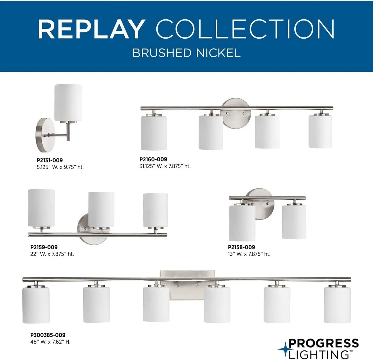 Replay Collection 3-Light Etched White Glass Modern Bath Vanity Light Brushed Nickel