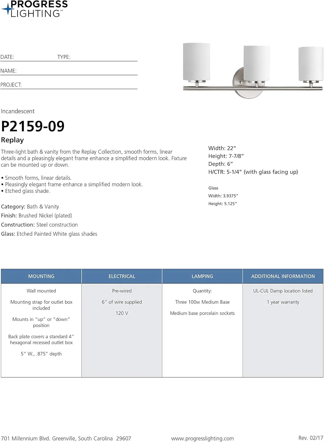 Replay Collection 3-Light Etched White Glass Modern Bath Vanity Light Brushed Nickel