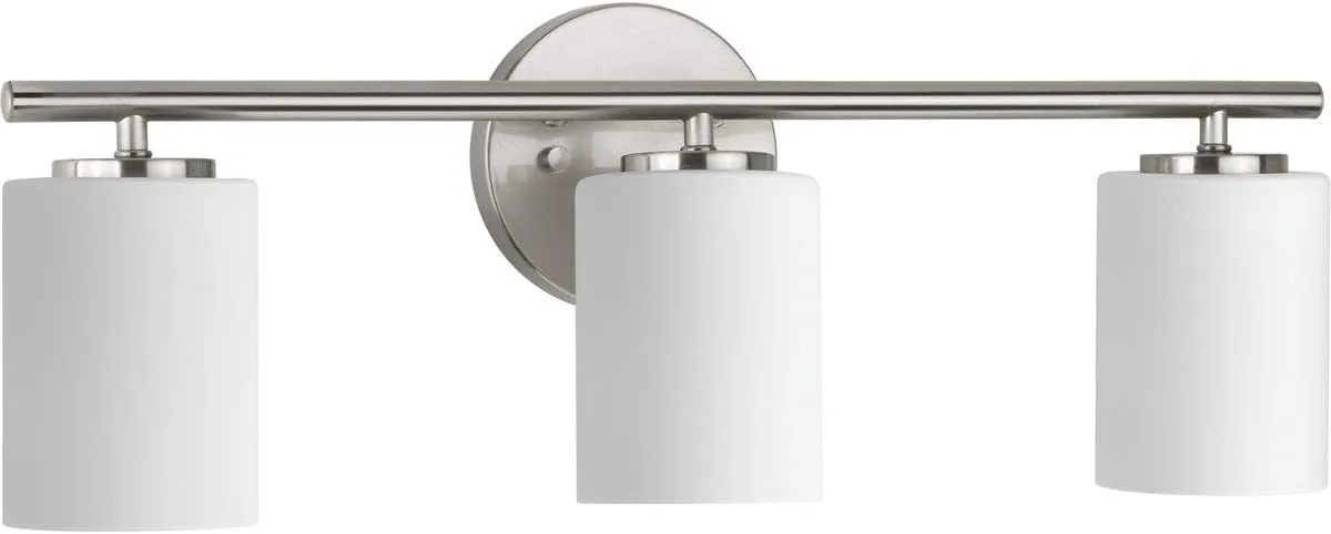 Replay Collection 3-Light Etched White Glass Modern Bath Vanity Light Brushed Nickel