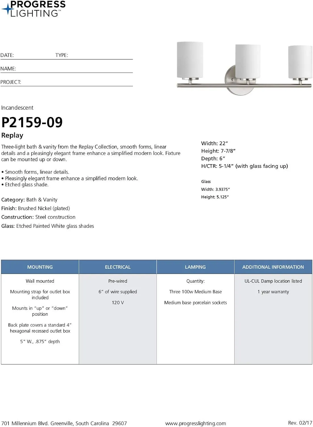 Replay Collection 3-Light Etched White Glass Modern Bath Vanity Light Brushed Nickel