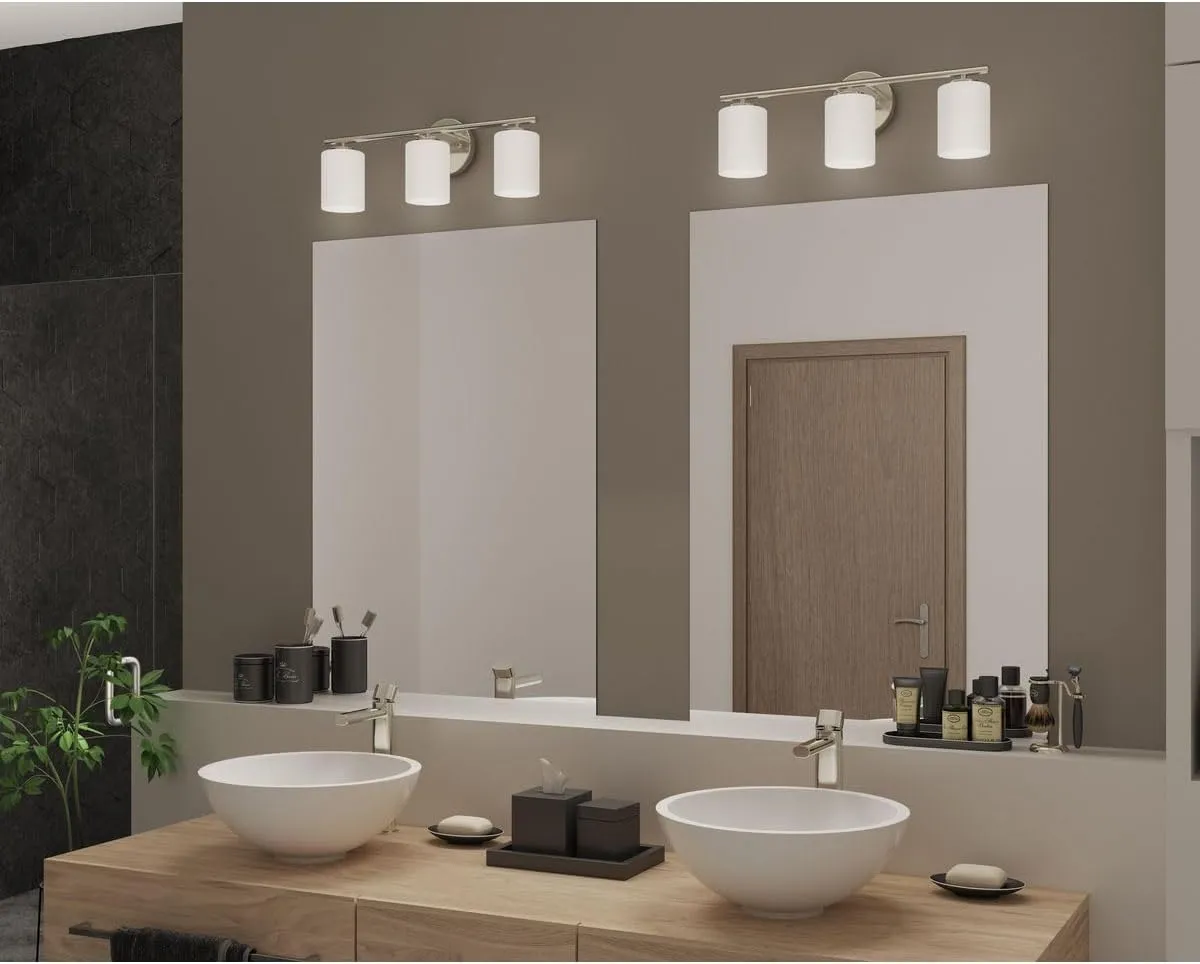 Replay Collection 3-Light Etched White Glass Modern Bath Vanity Light Brushed Nickel