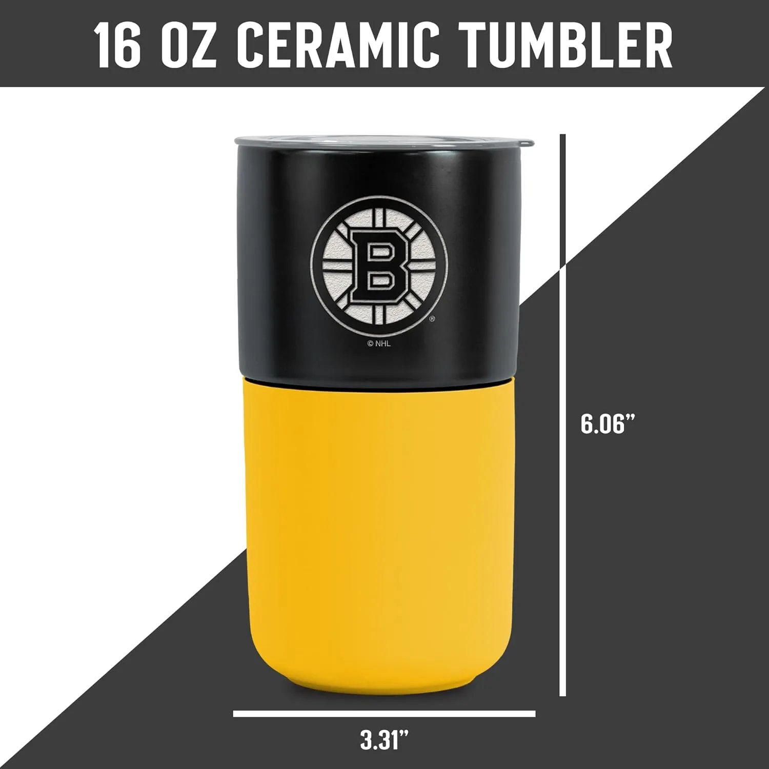 Rico Industries NHL Boston Bruins 16 oz Ceramic Tumbler with Silicone Grip, Deep Laser Engraved, Black and Yellow Colored Design with Slide Lid, Travel Coffee Mug, Matte Glaze