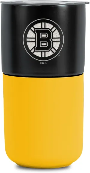 Rico Industries NHL Boston Bruins 16 oz Ceramic Tumbler with Silicone Grip, Deep Laser Engraved, Black and Yellow Colored Design with Slide Lid, Travel Coffee Mug, Matte Glaze