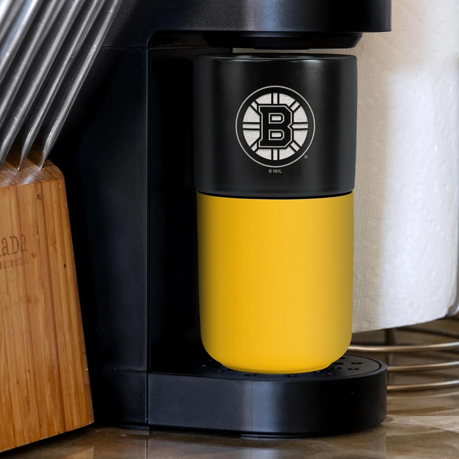 Rico Industries NHL Boston Bruins 16 oz Ceramic Tumbler with Silicone Grip, Deep Laser Engraved, Black and Yellow Colored Design with Slide Lid, Travel Coffee Mug, Matte Glaze