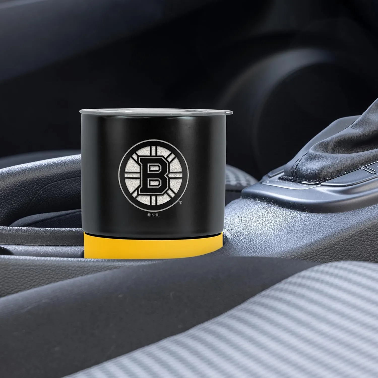 Rico Industries NHL Boston Bruins 16 oz Ceramic Tumbler with Silicone Grip, Deep Laser Engraved, Black and Yellow Colored Design with Slide Lid, Travel Coffee Mug, Matte Glaze