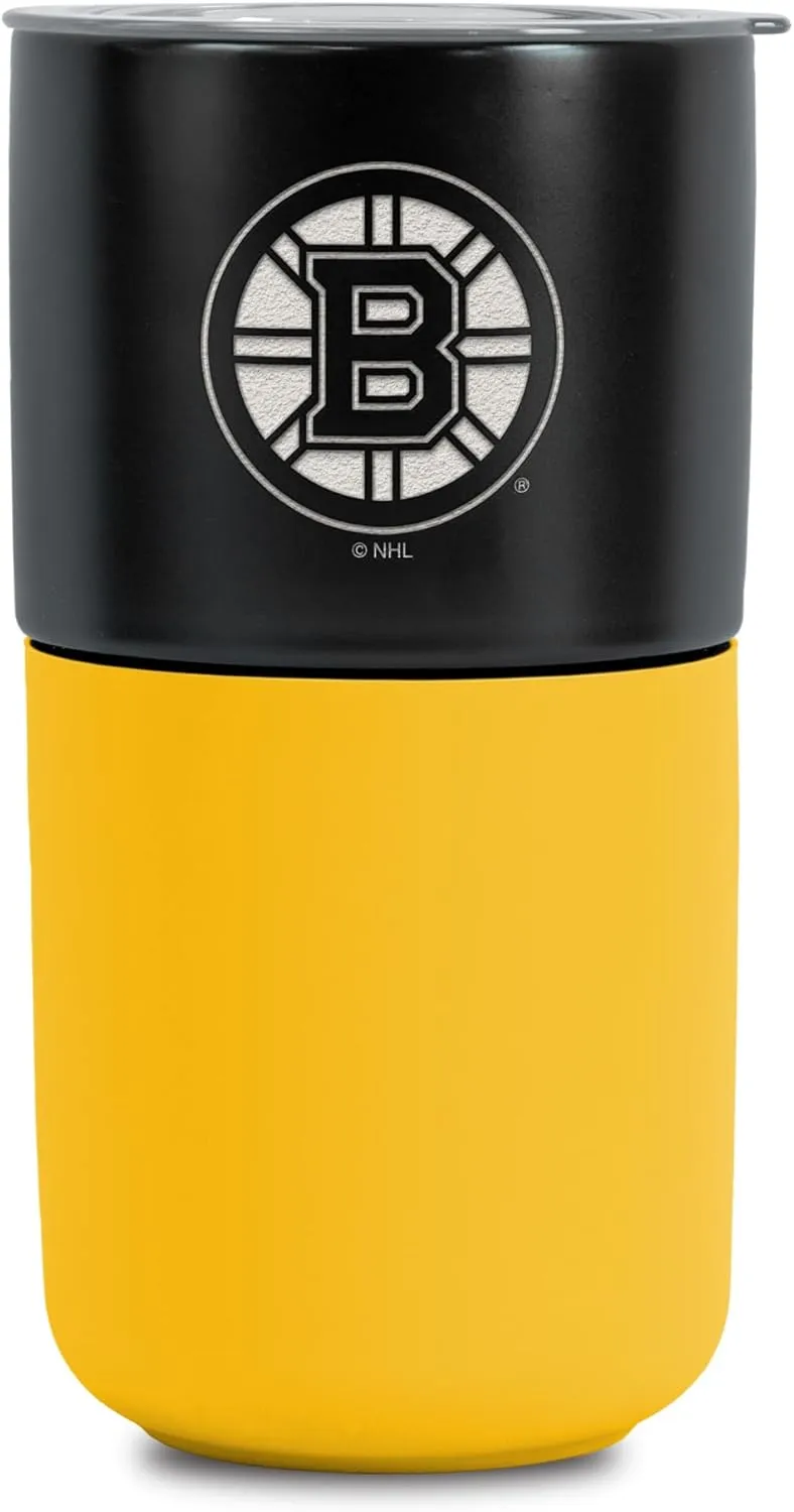 Rico Industries NHL Boston Bruins 16 oz Ceramic Tumbler with Silicone Grip, Deep Laser Engraved, Black and Yellow Colored Design with Slide Lid, Travel Coffee Mug, Matte Glaze