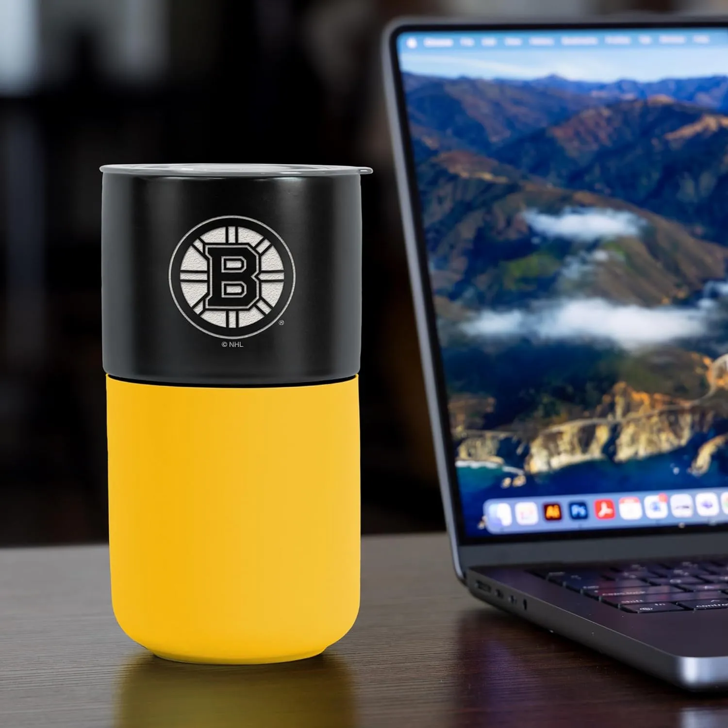 Rico Industries NHL Boston Bruins 16 oz Ceramic Tumbler with Silicone Grip, Deep Laser Engraved, Black and Yellow Colored Design with Slide Lid, Travel Coffee Mug, Matte Glaze