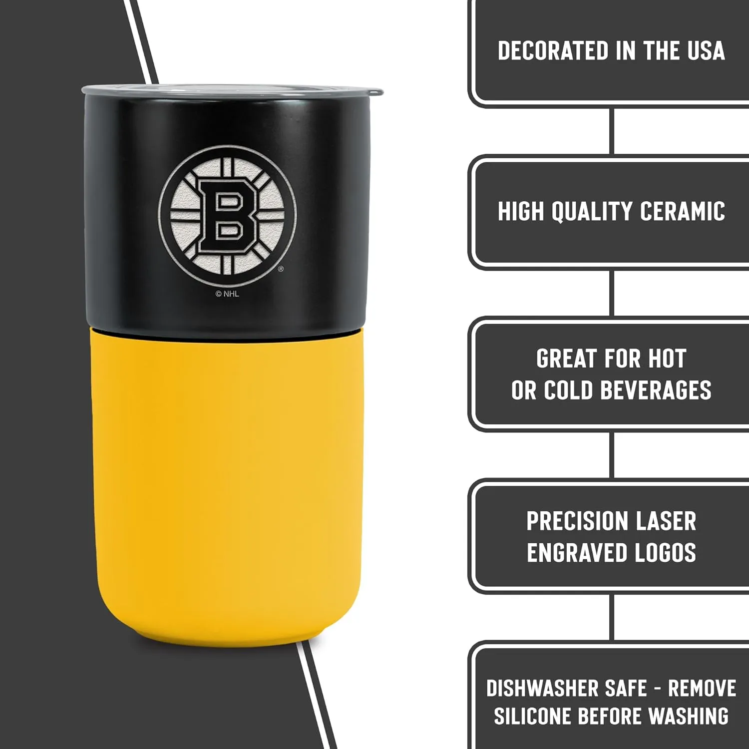 Rico Industries NHL Boston Bruins 16 oz Ceramic Tumbler with Silicone Grip, Deep Laser Engraved, Black and Yellow Colored Design with Slide Lid, Travel Coffee Mug, Matte Glaze