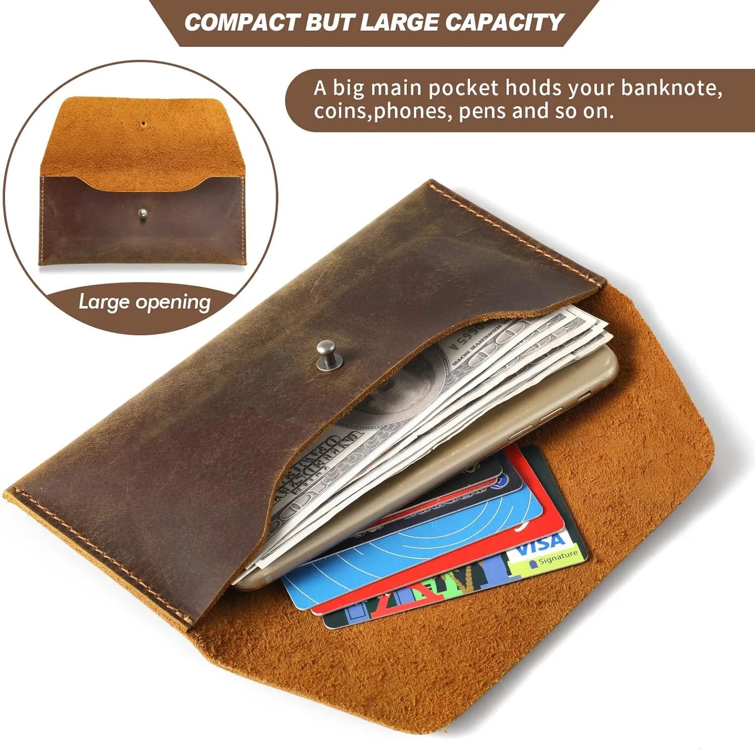 Ringsun Leather Money Cash Envelopes Wallet for Men, Money Bag Pouch Reusable Budget Envelope Wallet, Retro Clutch Wallet, Brown