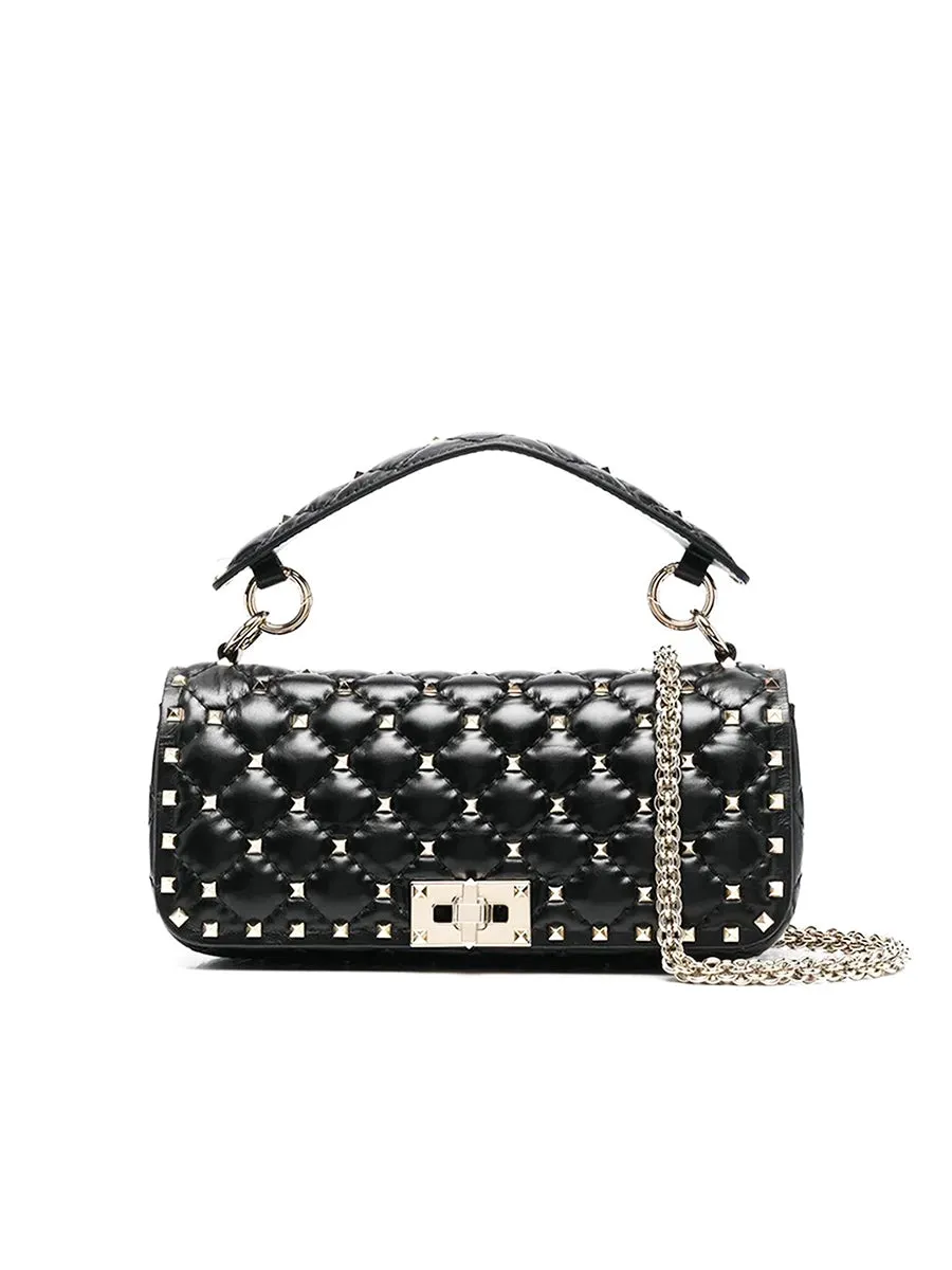 Rockstud Spike Calfskin Shoulder Bag in Black
