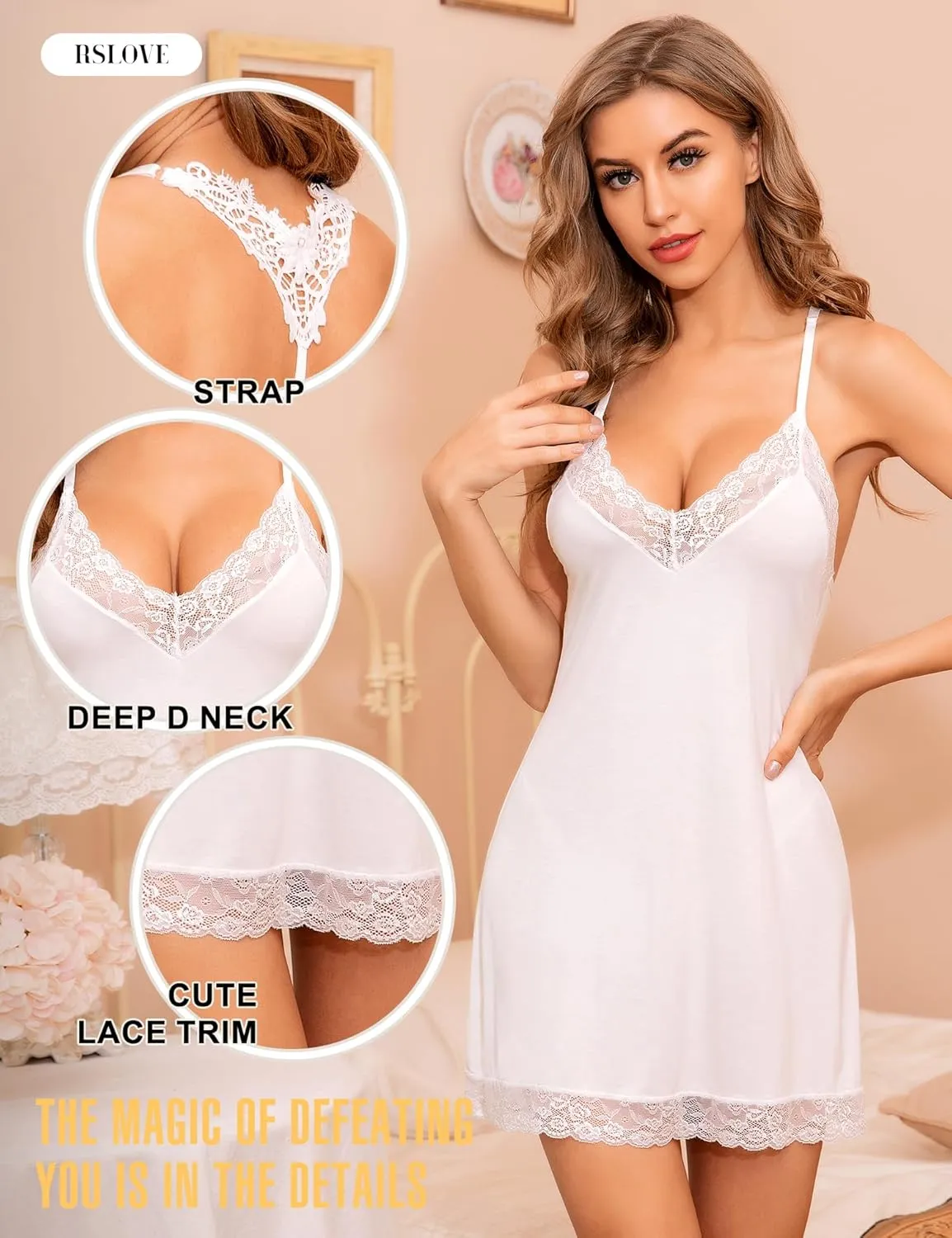 RSLOVE Lingerie For Women Lace Nightgown Sexy Sleepwear Full Slip Babydoll V-Neck Chemises Dress