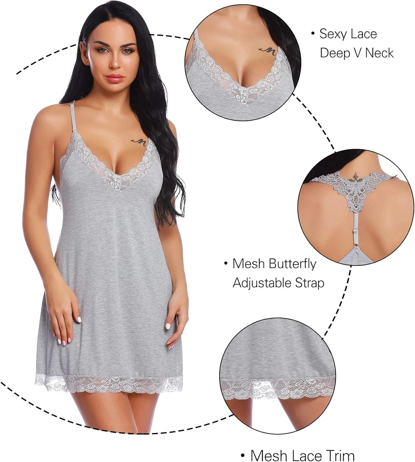 RSLOVE Lingerie For Women Lace Nightgown Sexy Sleepwear Full Slip Babydoll V-Neck Chemises Dress