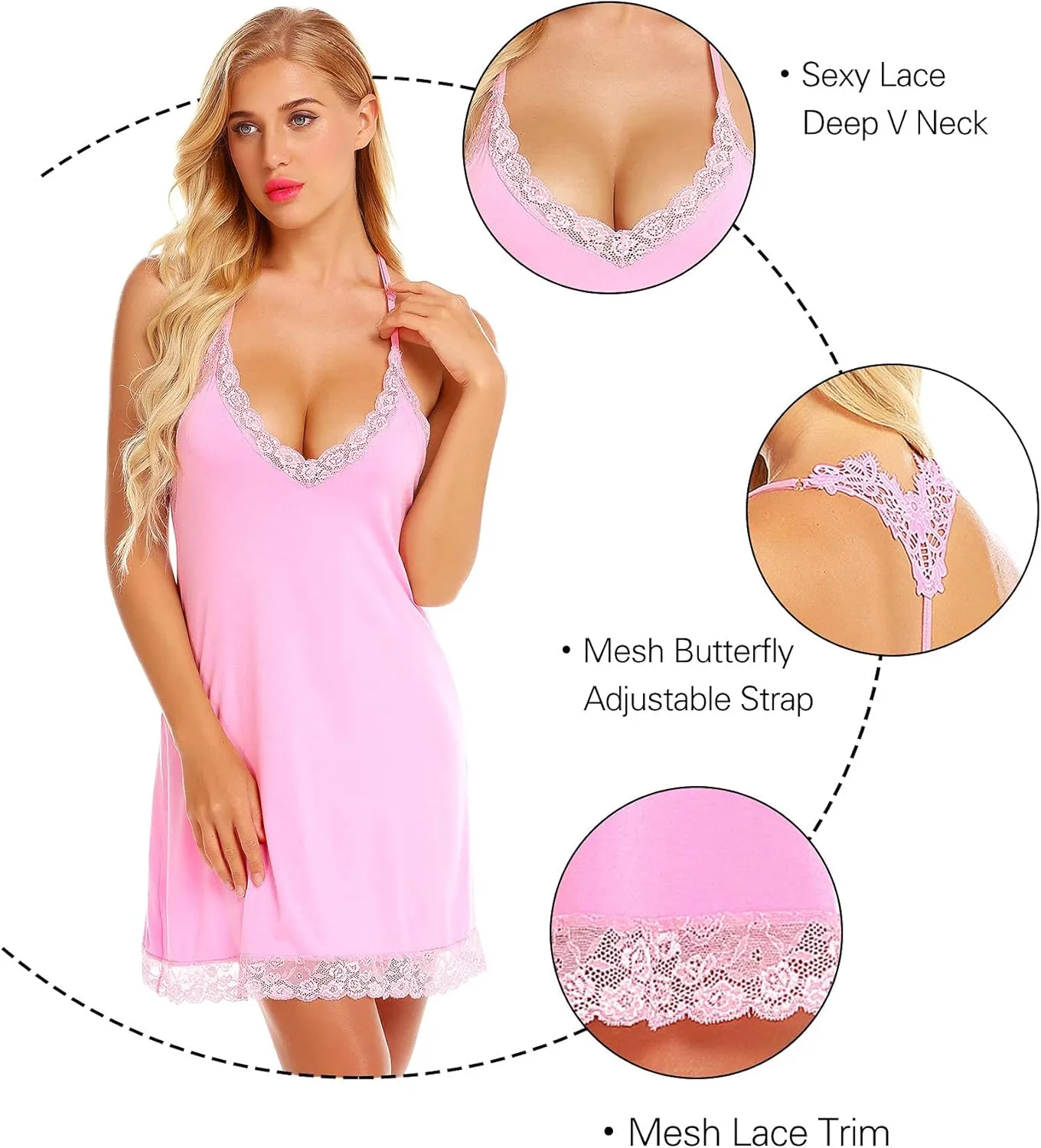RSLOVE Lingerie For Women Lace Nightgown Sexy Sleepwear Full Slip Babydoll V-Neck Chemises Dress