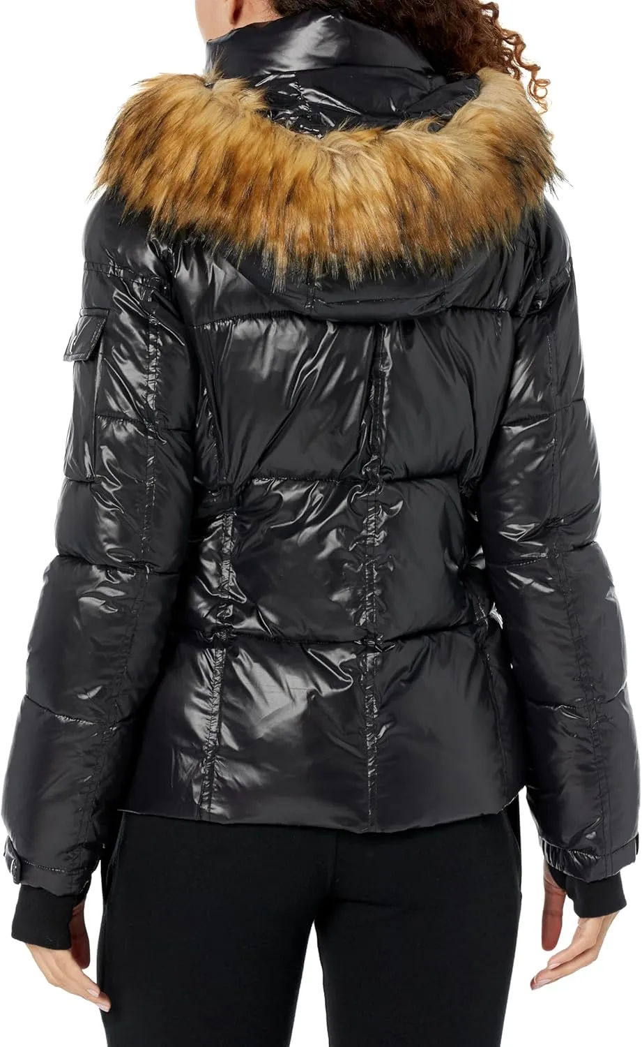 S13 Women's Gloss Faux Fur Trimmed Allie Puffer Coat, Jet/Natural