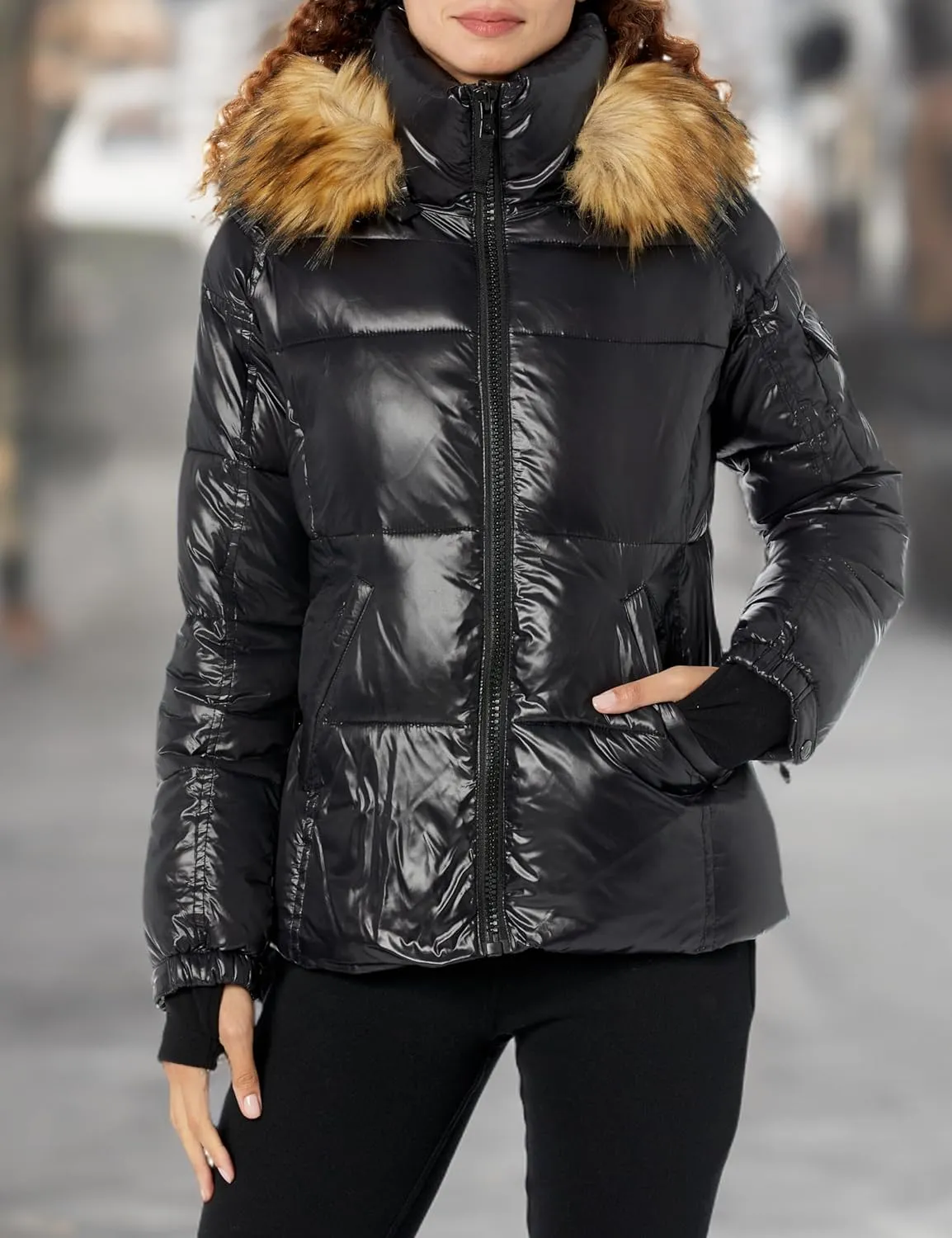 S13 Women's Gloss Faux Fur Trimmed Allie Puffer Coat, Jet/Natural