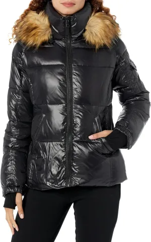 S13 Women's Gloss Faux Fur Trimmed Allie Puffer Coat, Jet/Natural