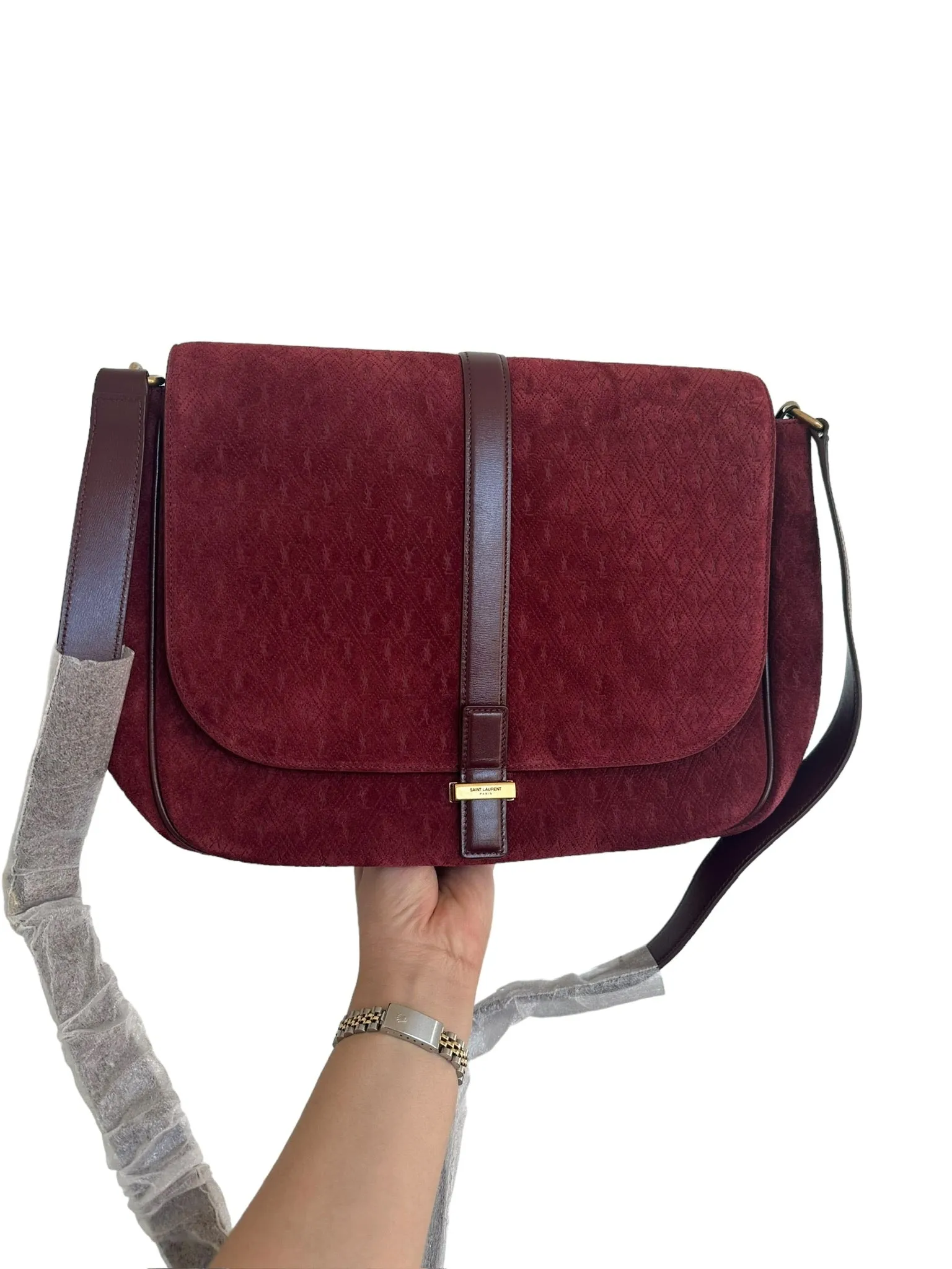 SAINT LAURENT - Crossbody Burgundy Suede Bag