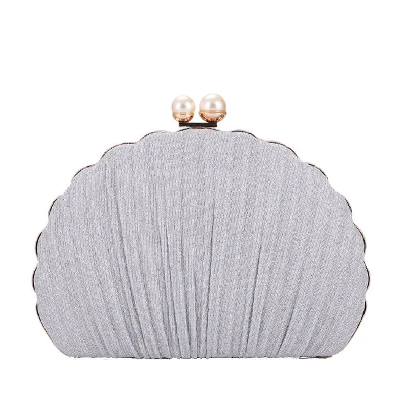 Scalloped Shell Pattern Ruched Silver Pear Clutch Bag