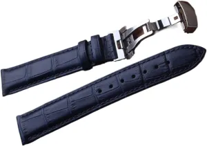 SDFFGHJ Leather Genuine Watchbands Straps Dark Blue Silver Butterfly Buckles Clasp 14mm 15mm 16mm 17mm 18mm 19mm 20mm 22mm