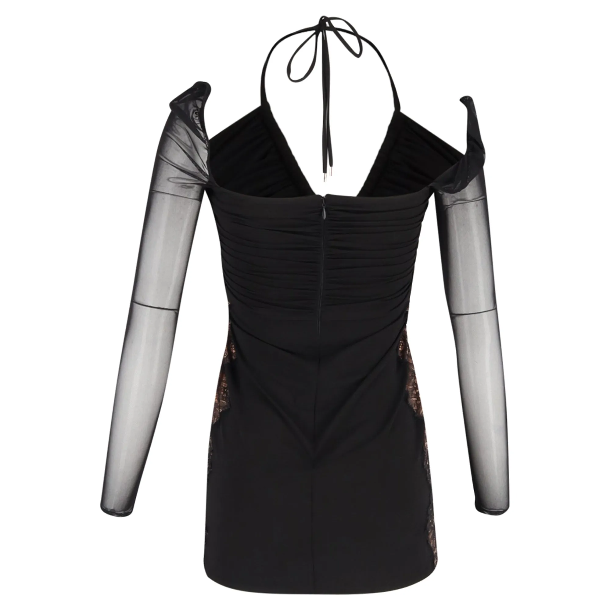 Self-Portrait Cutout Lace-Trimmed Chiffon Halterneck Mini Dress in Black Polyester