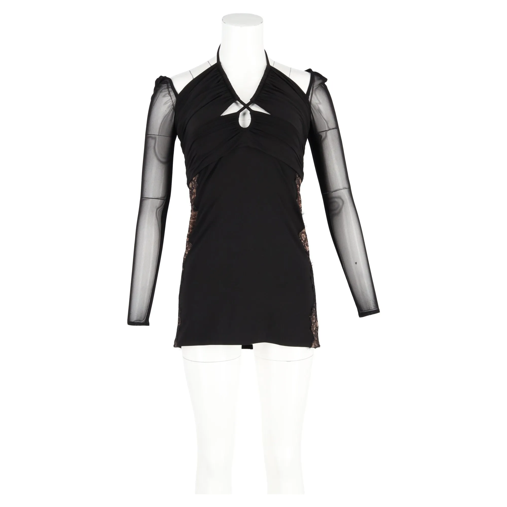 Self-Portrait Cutout Lace-Trimmed Chiffon Halterneck Mini Dress in Black Polyester