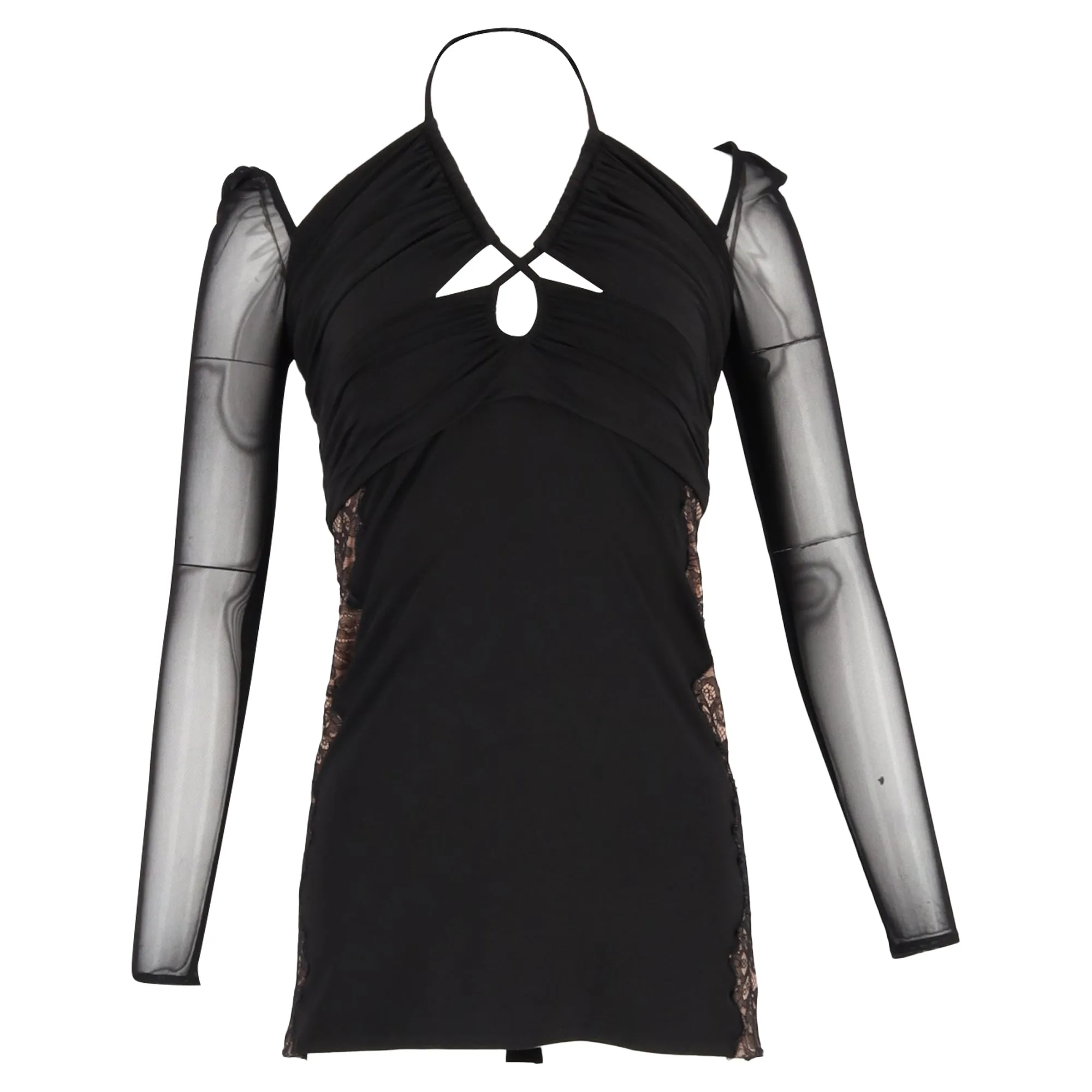 Self-Portrait Cutout Lace-Trimmed Chiffon Halterneck Mini Dress in Black Polyester