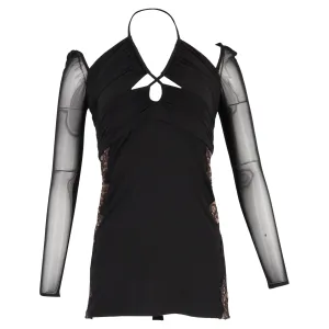 Self-Portrait Cutout Lace-Trimmed Chiffon Halterneck Mini Dress in Black Polyester