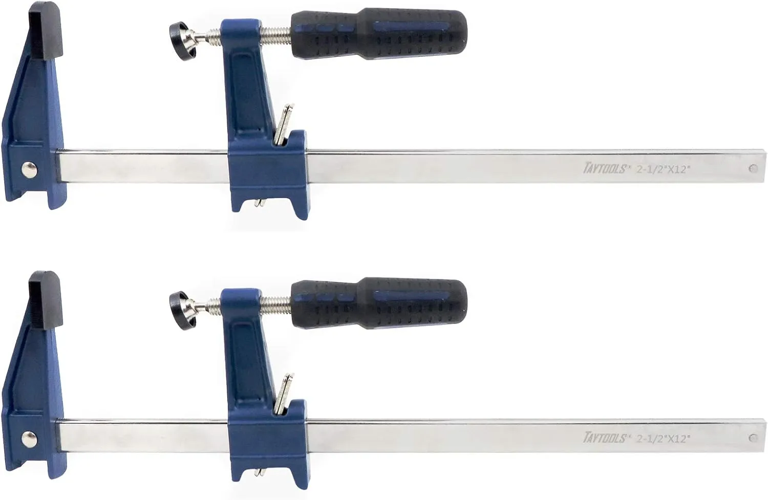 Set Taytools Medium Duty Adjustable Bar Clamps, Quick-Release Clutch Style American F Style, 2-1/2 Inch Throat Depth, Serrated Rail, Soft Grip Handle 450 Pounds Clamping pressure (2, 12 inch)