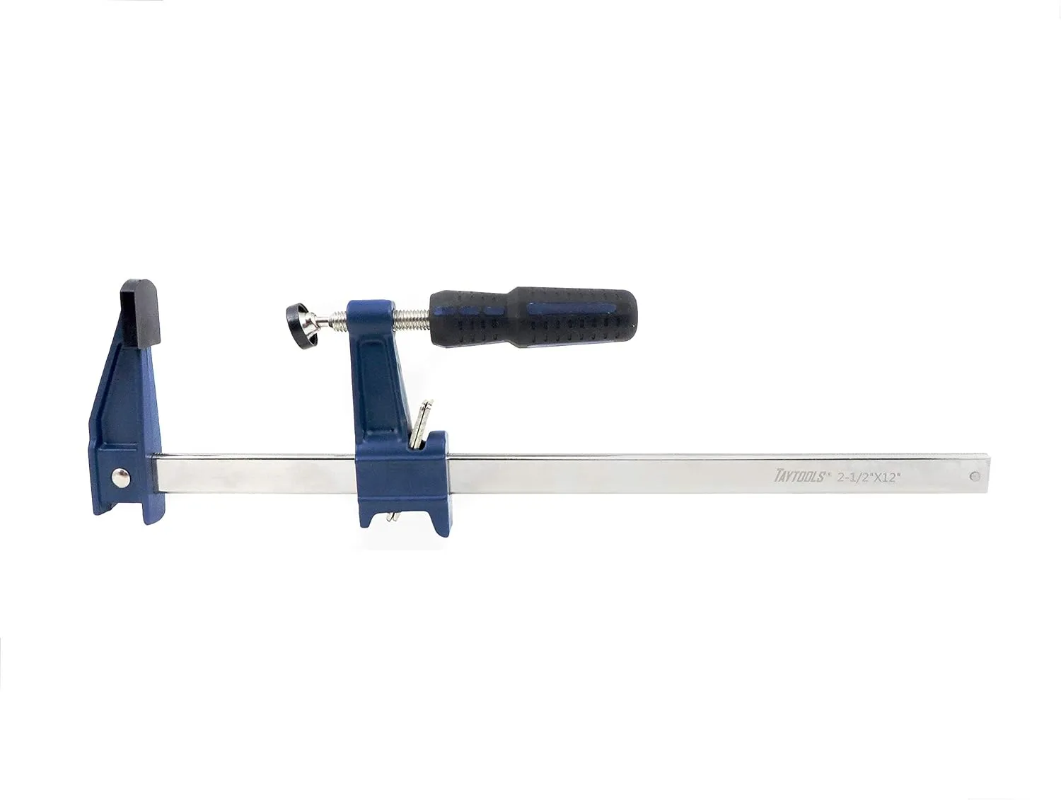 Set Taytools Medium Duty Adjustable Bar Clamps, Quick-Release Clutch Style American F Style, 2-1/2 Inch Throat Depth, Serrated Rail, Soft Grip Handle 450 Pounds Clamping pressure (2, 12 inch)