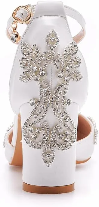 sexytag Crystal Embellished Block Heels Ankle Strap Wedding Shoes for Bride