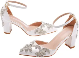 sexytag Crystal Embellished Block Heels Ankle Strap Wedding Shoes for Bride