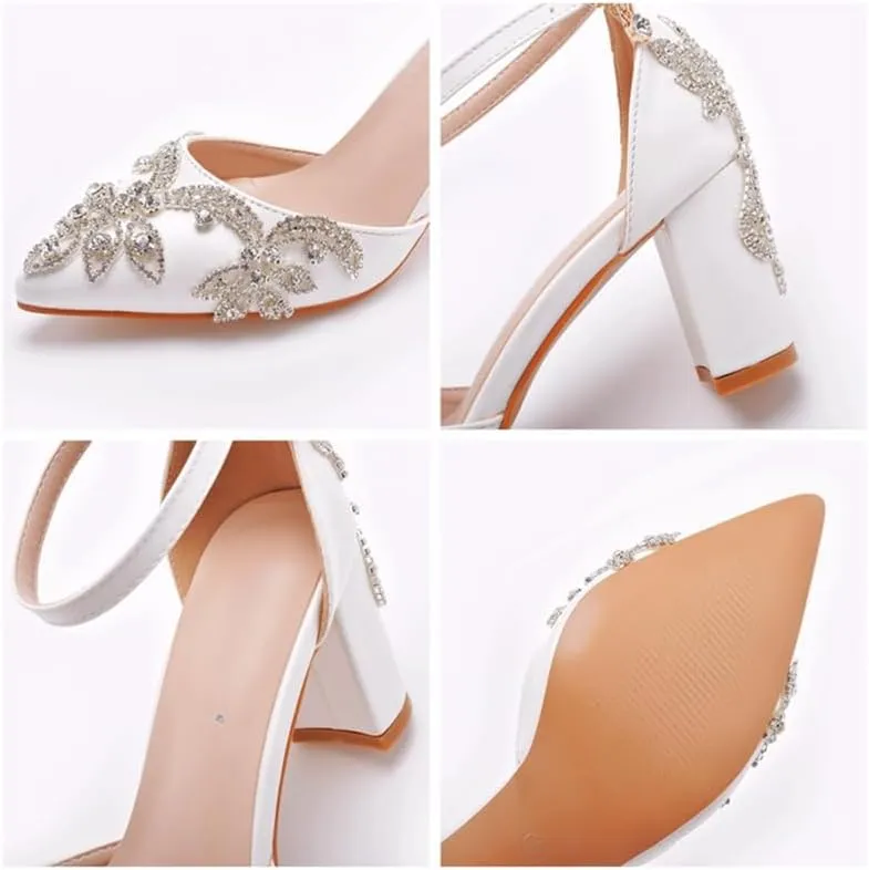 sexytag Crystal Embellished Block Heels Ankle Strap Wedding Shoes for Bride