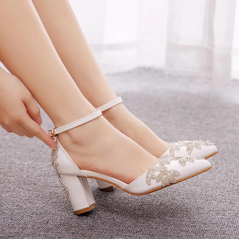 sexytag Crystal Embellished Block Heels Ankle Strap Wedding Shoes for Bride