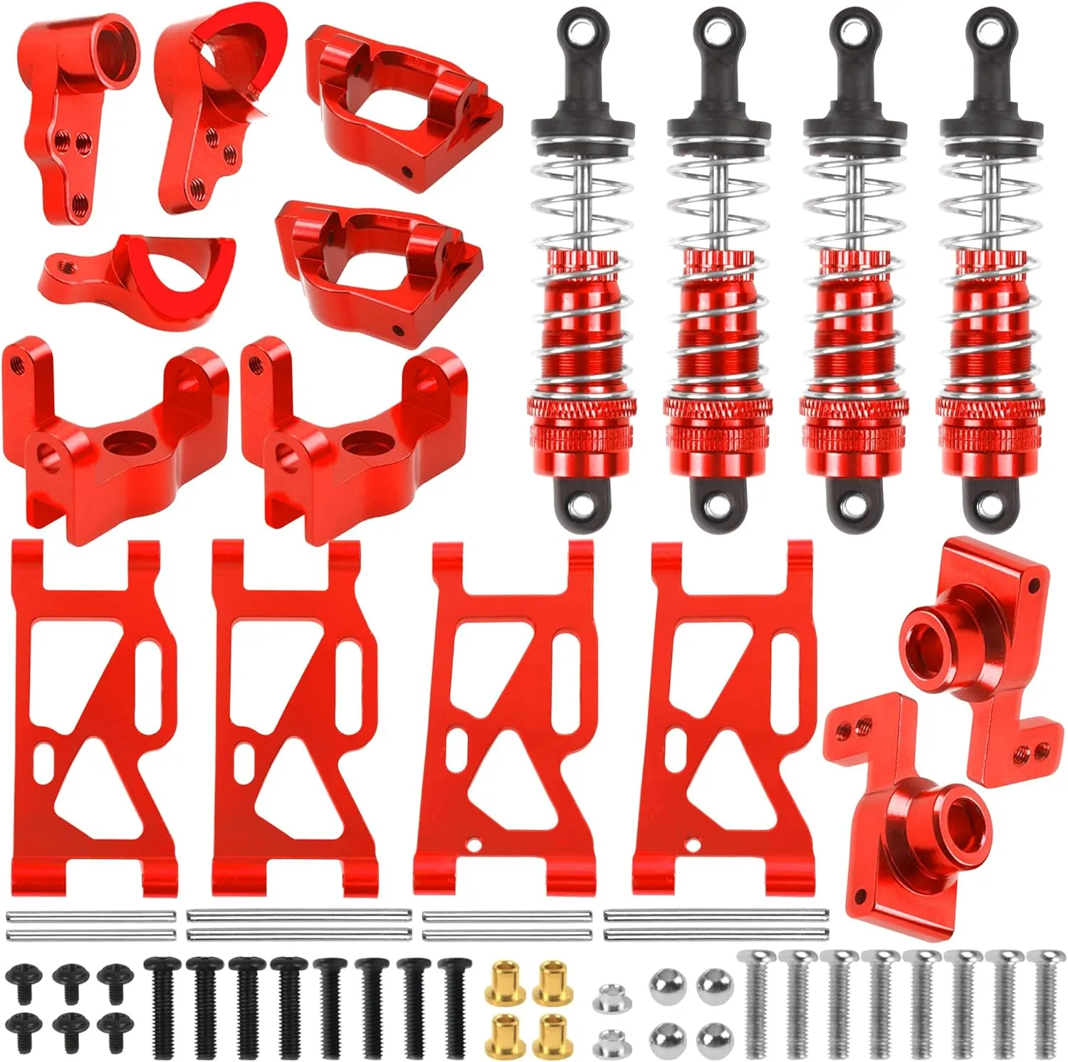 ShareGoo Aluminum Front Rear Swing Arm & Steering Knuckle Kit & Shock Absorbers Compatible with WLtoys 144010 144001 144002 1/14 RC Car (Red)