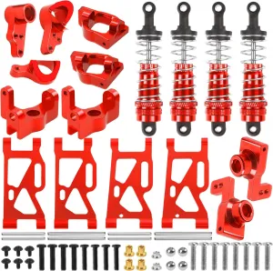 ShareGoo Aluminum Front Rear Swing Arm & Steering Knuckle Kit & Shock Absorbers Compatible with WLtoys 144010 144001 144002 1/14 RC Car (Red)