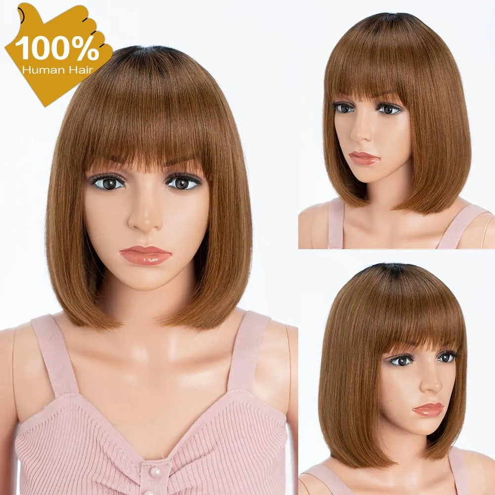 Short Bob Wig with Bangs Human Hair 10 Inch Ombre Brown Short Straight Bob Wig for Black Women Brazilian Virgin Hair Glueless Machine Made Wig