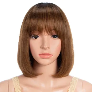 Short Bob Wig with Bangs Human Hair 10 Inch Ombre Brown Short Straight Bob Wig for Black Women Brazilian Virgin Hair Glueless Machine Made Wig